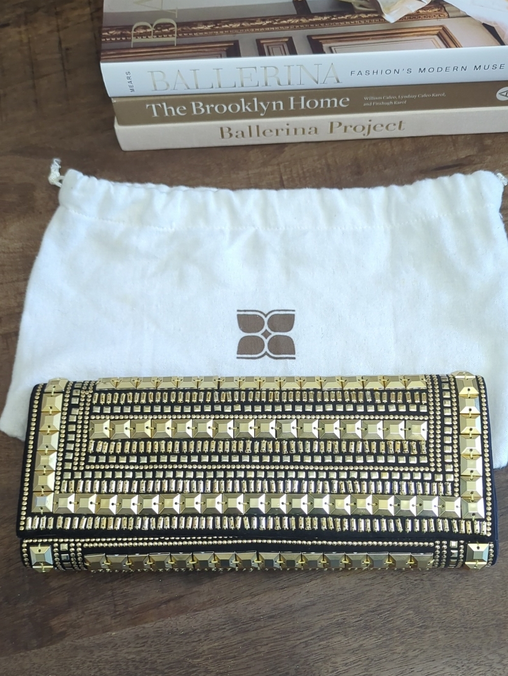 BCBG Gold Studded Black Evening Clutch - Designer Style